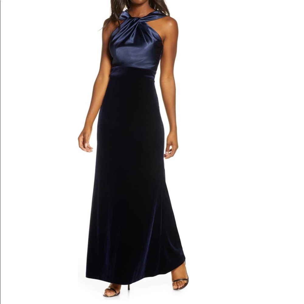 Eliza J Twist Front Sleeveless Satin & Velvet Gown